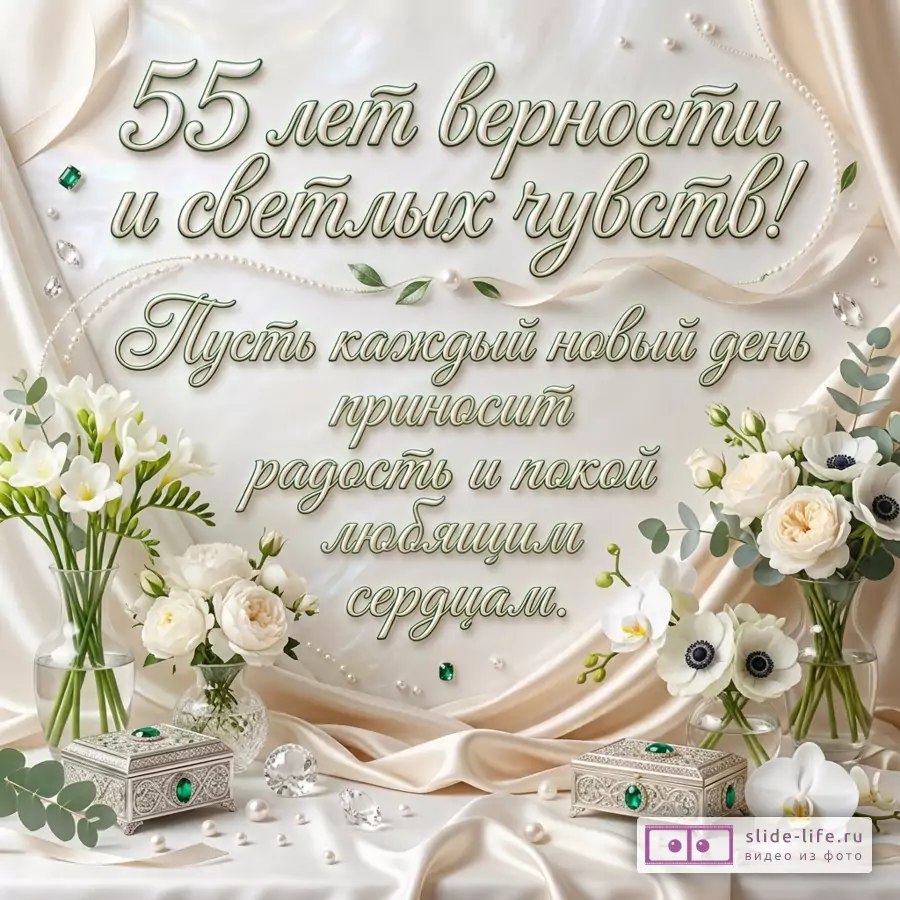 Открытка с бело-кремовым шелковым фоном, жемчугом, белыми цветами в стеклянных вазах, шкатулками с зелеными камнями, листьями, текстом «55 лет верности и светлых чувств! Пусть каждый новый день приносит радость и покой любящим сердцам.»