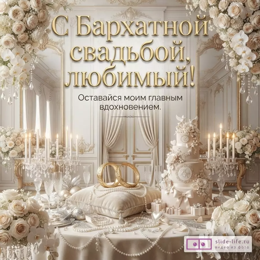Бежевый фон, золотые буквы, белые цветы. Текст: «С Бархатной свадьбой, любимый! Оставайся моим главным вдохновением.»
