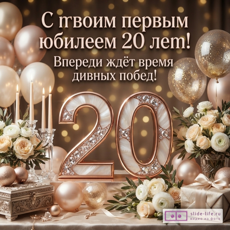 Открытка с золотисто-коричневым фоном, боке, воздушными шарами, цветами, свечами и подарками. В центре крупные цифры «20» с инкрустацией. Текст: «С твоим первым юбилеем 20 лет! Впереди ждёт время дивных побед!»