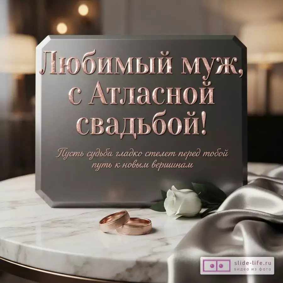 Серая табличка с текстом «Любимый муж, с Атласной свадьбой! Пусть судьба гладко стелет перед тобой путь к новым вершинам», золотые кольца и белая роза на мраморном столе с атласной тканью.