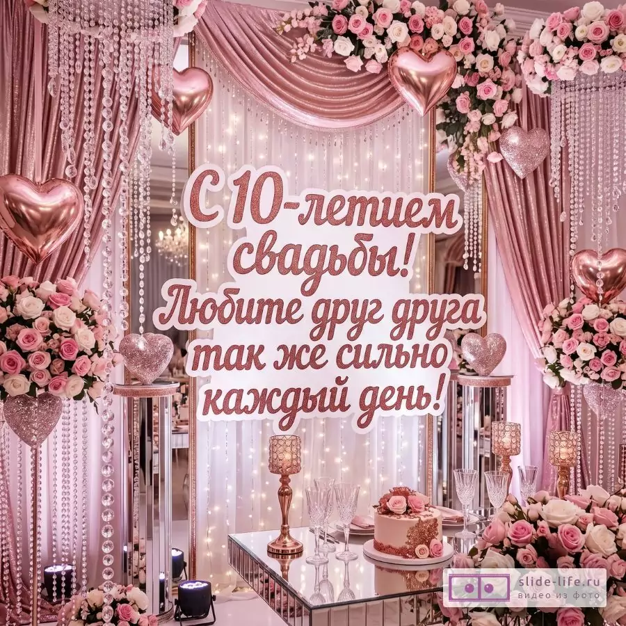 Розово-белый фон с драпировками и гирляндами, розы, шары-сердца, свечи и торт. Текст: «С 10-летием свадьбы! Любите друг друга так же сильно каждый день!»