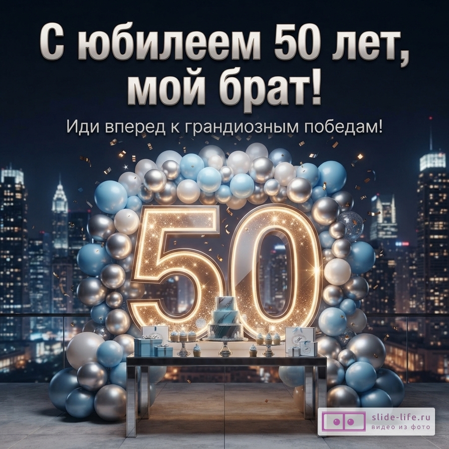 Открытка на темном фоне с видом на ночной город, украшенная голубыми, серебристыми и белыми шарами. В центре светящиеся золотые цифры «50», перед ними стол с тортом и подарками. Текст: «С юбилеем 50 лет, мой брат! Иди вперед к грандиозным победам!»