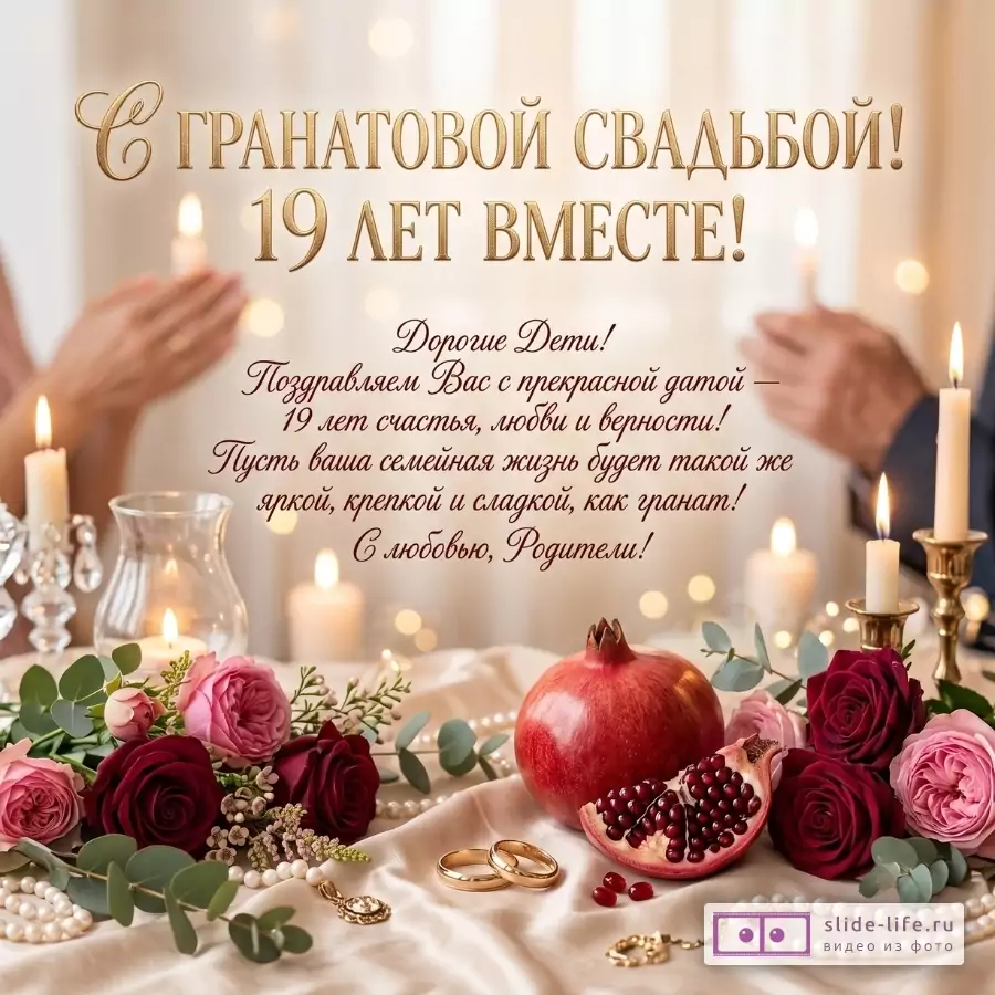 Бежево-кремовый фон с огнями, свечами, розовыми и бордовыми розами, гранатом и кольцами. Текст: «С ГРАНАТОВОЙ СВАДЬБОЙ! 19 ЛЕТ ВМЕСТЕ! Дорогие Дети! С любовью, Родители!»