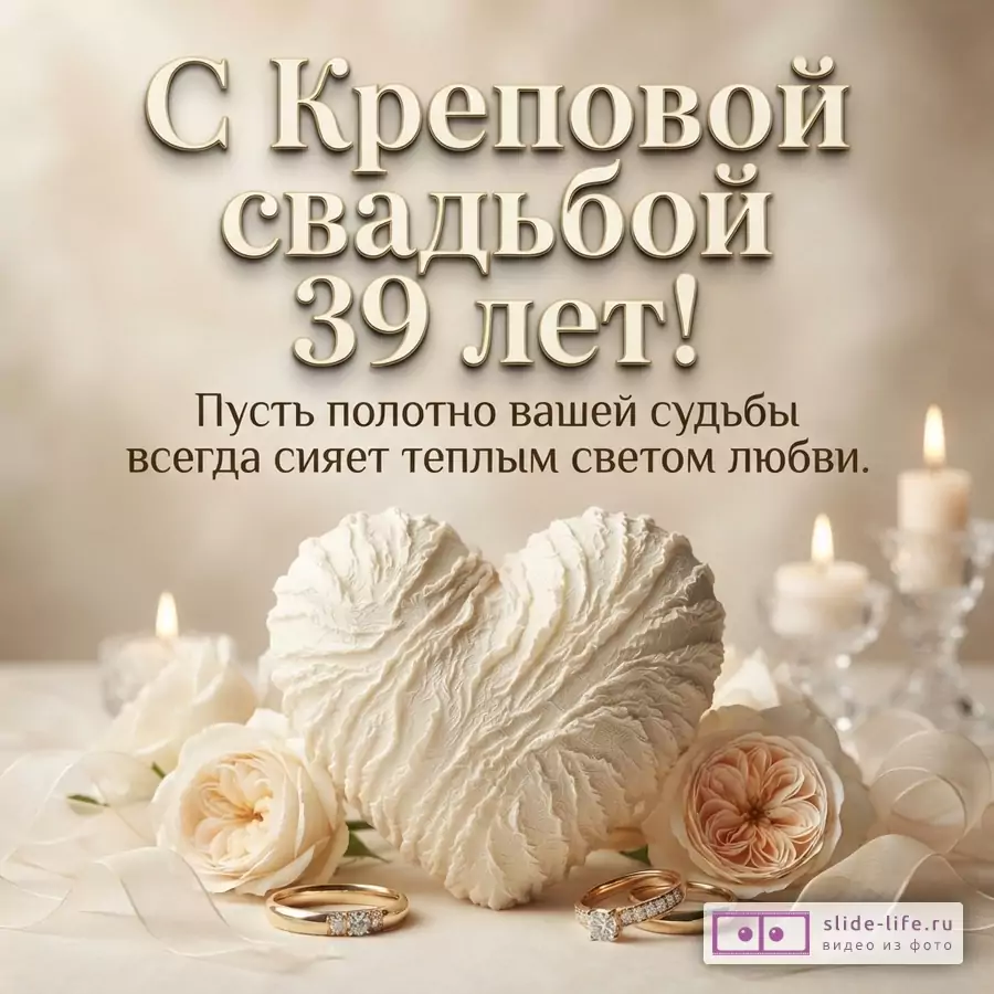 Бежевый фон, сверху текст, снизу сердце из ткани, розы, свечи, кольца. «С Креповой свадьбой 39 лет! Пусть полотно вашей судьбы всегда сияет теплым светом любви.»