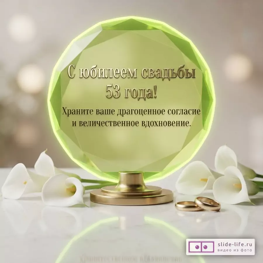 Светлый фон, зеленый кристалл на золотой подставке, белые каллы, два золотых обручальных кольца. Текст «С юбилеем свадьбы 53 года! Храните ваше драгоценное согласие и величественное вдохновение.»