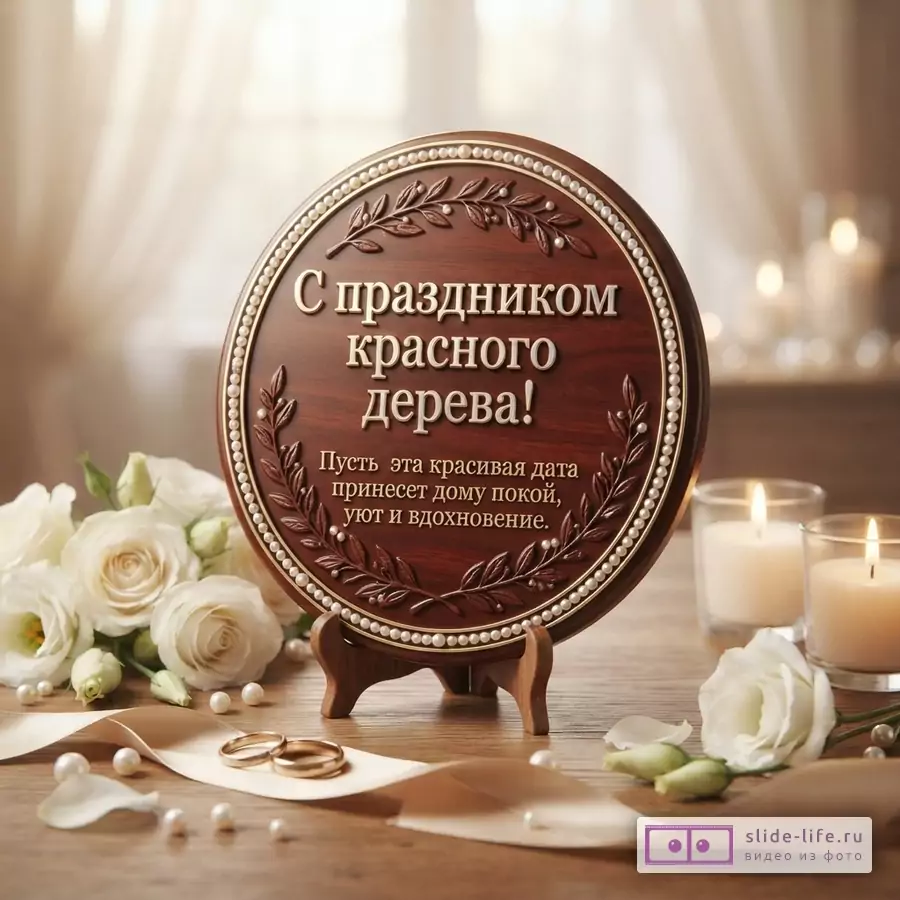 Круглая деревянная табличка с жемчужной окантовкой на подставке, на фоне белых роз, свечей и обручальных колец. Текст: «С праздником красного дерева! Пусть эта красивая дата принесет дому покой, уют и вдохновение.»