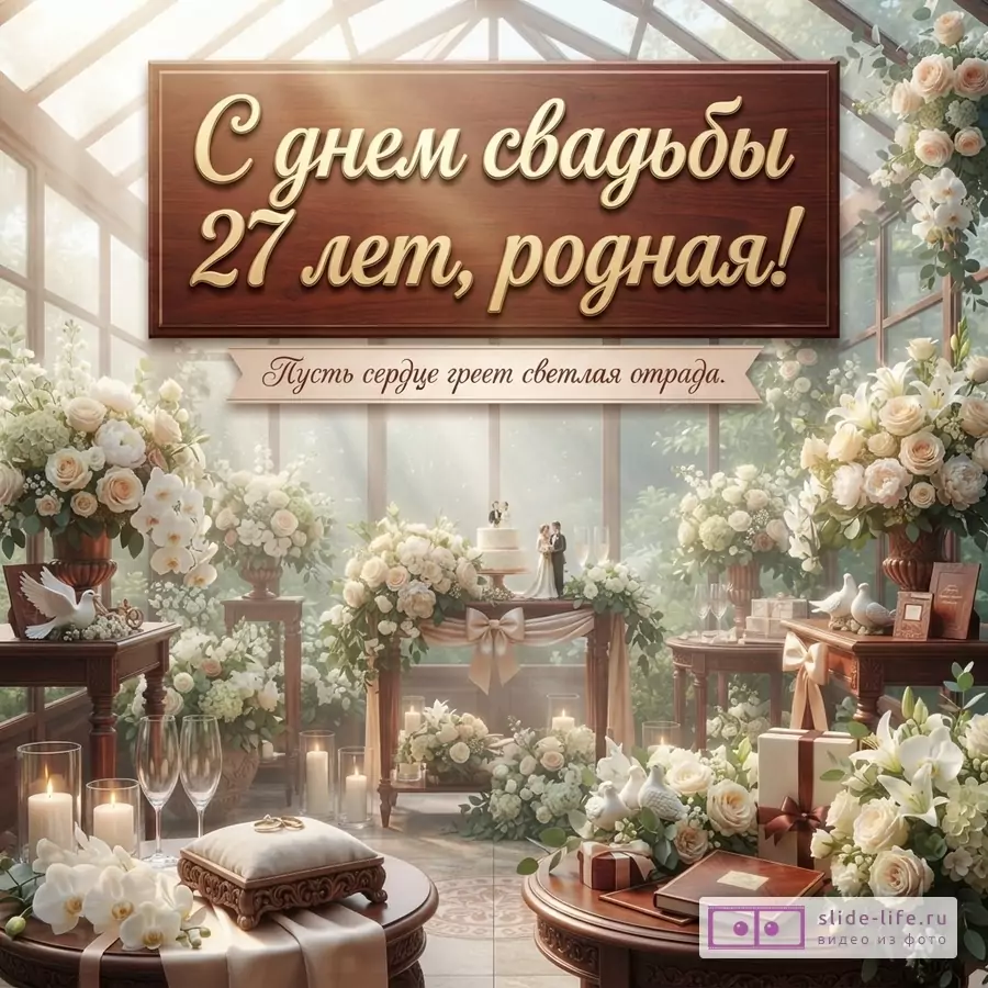 Открытка с деревянной табличкой на фоне оранжереи, украшенной белыми цветами и свечами. На табличке надпись «С днем свадьбы 27 лет, родная!». Ниже на ленте надпись «Пусть сердце греет светлая отрада.»
