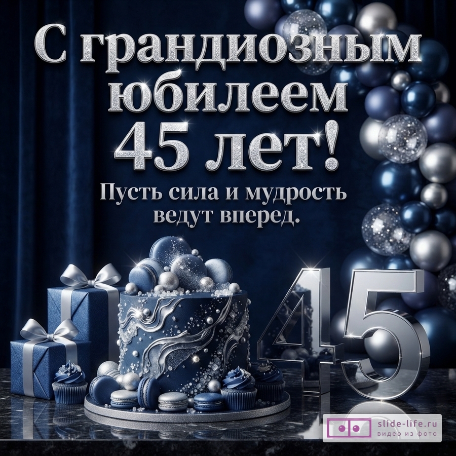 Открытка на темно-синем фоне с серебристыми буквами. Текст «С грандиозным юбилеем 45 лет! Пусть сила и мудрость ведут вперед.». Слева синий торт с серебристым декором, пирожные, макаруны и подарки. Справа большие серебристые цифры 45.