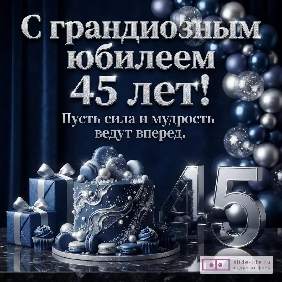 Открытка на темно-синем фоне с серебристыми буквами. Текст «С грандиозным юбилеем 45 лет! Пусть сила и мудрость ведут вперед.». Слева синий торт с серебристым декором, пирожные, макаруны и подарки. Справа большие серебристые цифры 45.