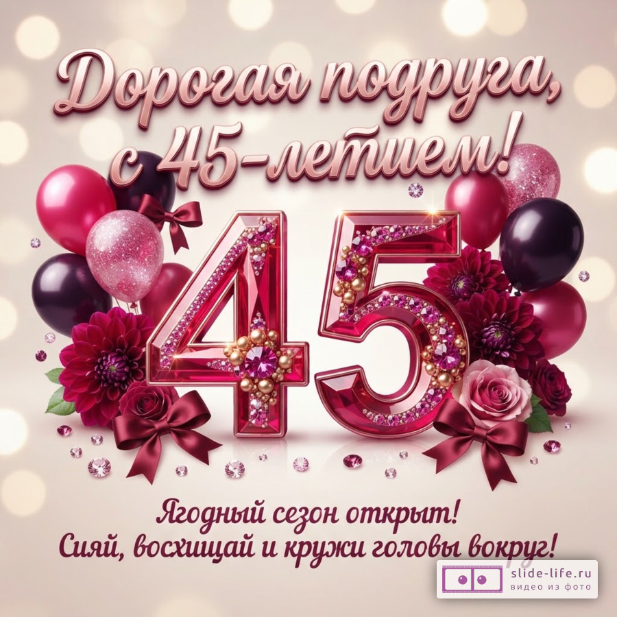 Открытка с розовым фоном, боке, цифрами «45» из красных кристаллов, розовыми и черными воздушными шарами, цветами и лентами. Текст: «Дорогая подруга, с 45-летием! Ягодный сезон открыт! Сияй, восхищай и кружи головы вокруг!»