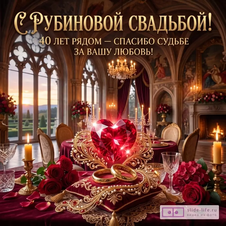 Бордово-золотой праздничный зал, свечи, розы, рубиновое сердце и кольца. Текст «С РУБИНОВОЙ СВАДЬБОЙ! 40 ЛЕТ РЯДОМ — СПАСИБО СУДЬБЕ ЗА ВАШУ ЛЮБОВЬ!»