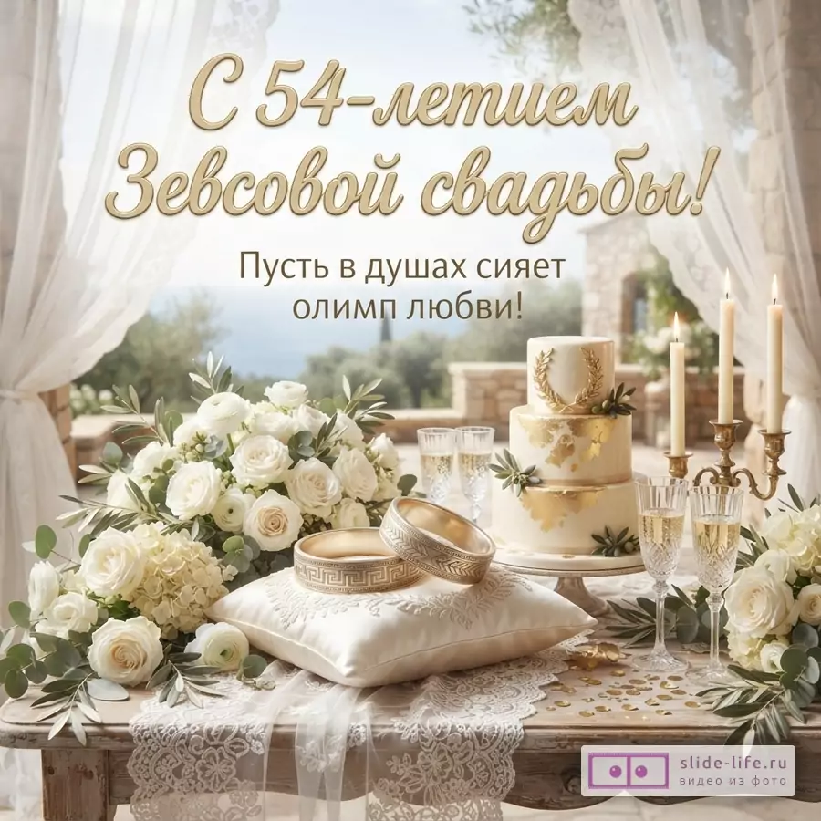 Открытка с бежевым фоном, на переднем плане стол с белой скатертью, на нем белые розы, подушка с золотыми кольцами, свадебный торт, свечи, бокалы с шампанским. Текст «С 54-летием Зевсовой свадьбы! Пусть в душах сияет олимп любви!»