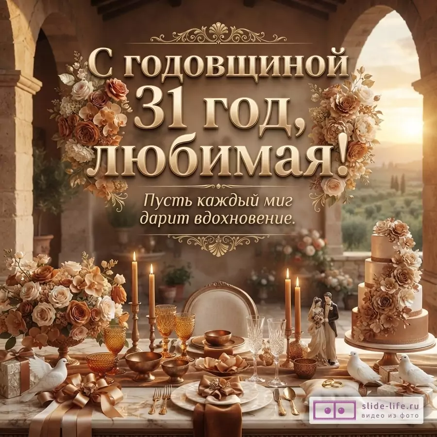 Теплый бежево-золотой фон, цветочные композиции, свадебный стол, торт, свечи, голуби, текст «С годовщиной 31 год, любимая! Пусть каждый миг дарит вдохновение.»