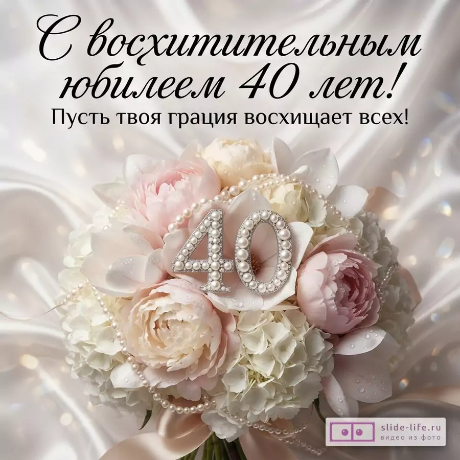 Открытка с бежевым фоном, на котором изображен букет цветов пастельных оттенков: розовые пионы, белые гортензии, кремовые розы. Поверх букета лежит жемчужное ожерелье и цифры «40», инкрустированные жемчугом. Текст: «С восхитительным юбилеем 40 лет! Пусть твоя грация восхищает всех!»