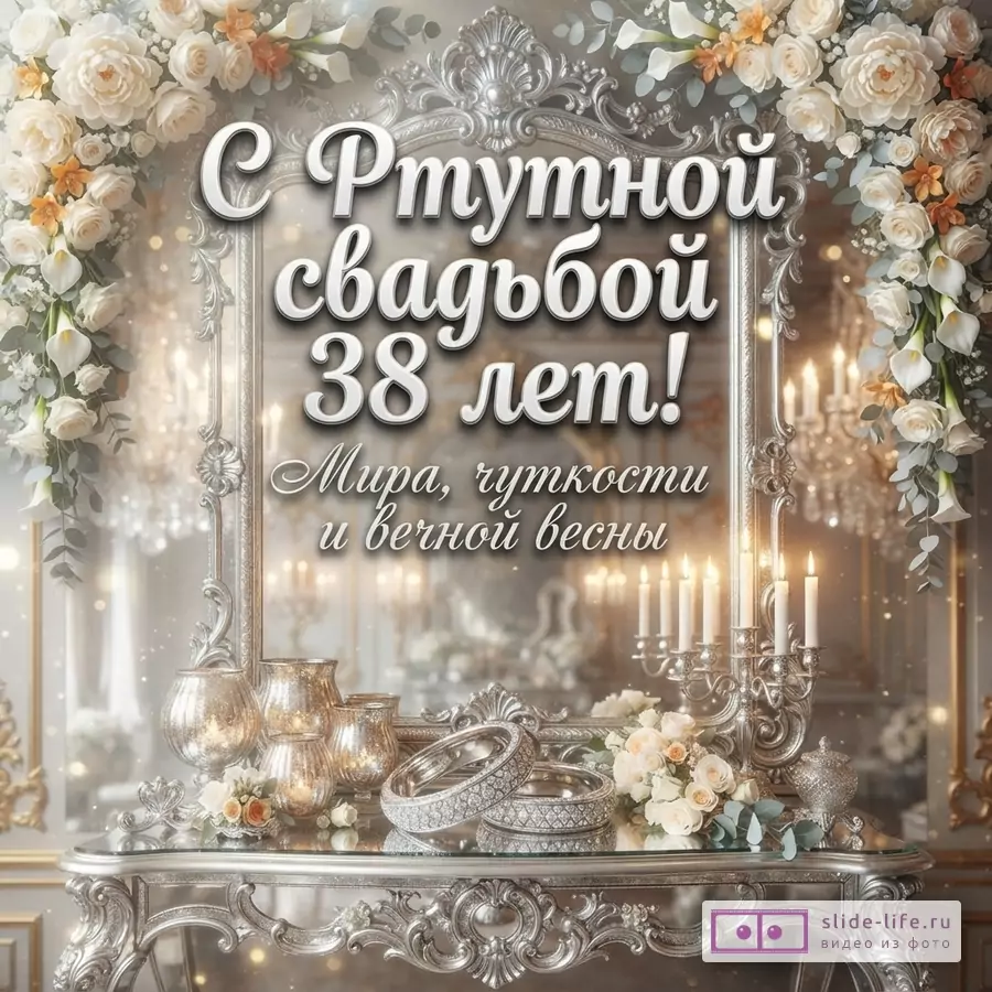 Открытка с серебристым фоном, зеркалом в резной раме, цветочными гирляндами из белых роз и калл, свечами. Текст: «С Ртутной свадьбой 38 лет! Мира, чуткости и вечной весны»