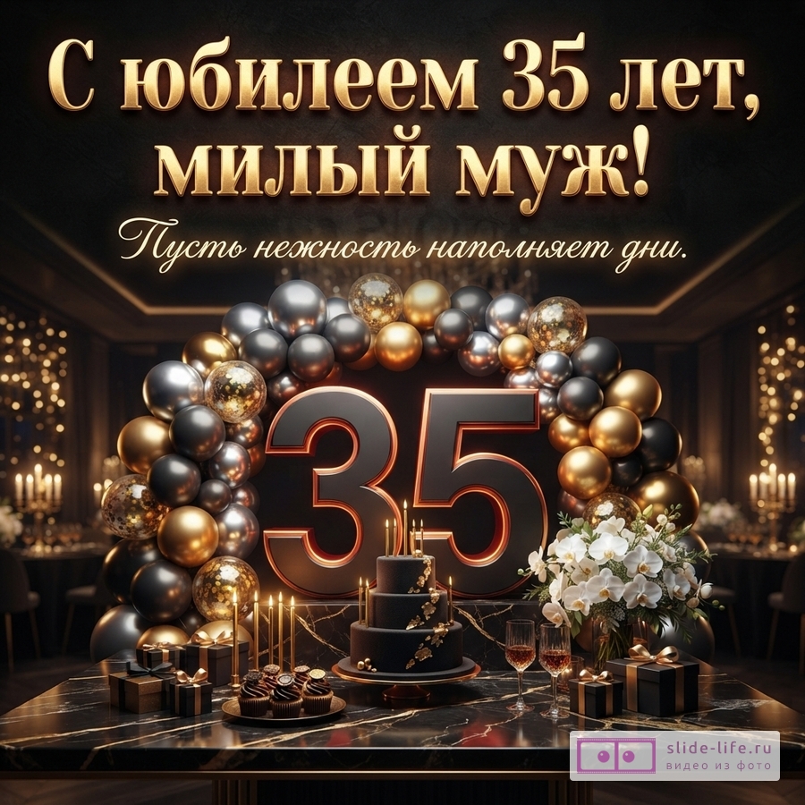 Объемная цифра 35 в арке из черных и золотых шаров, праздничный торт со свечами, подарки и надпись «С юбилеем 35 лет, милый муж! Пусть нежность наполняет дни.»