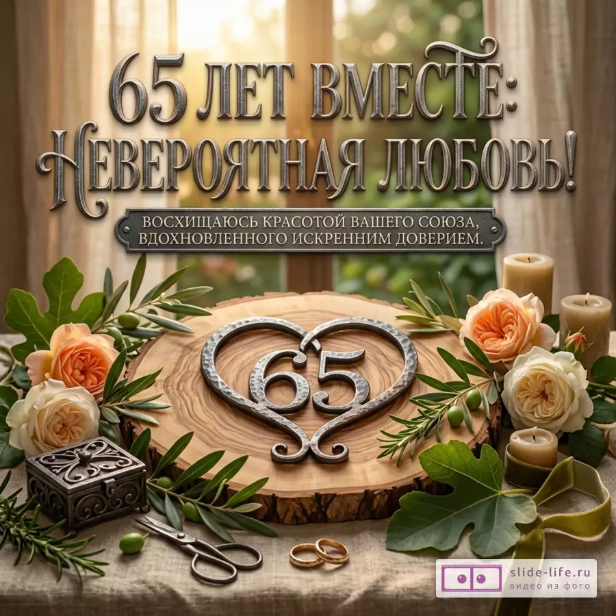деревянный фон, круглый спил дерева с металлическим сердцем и числом 65, розы, свечи, листья, кольца, ножницы, шкатулка, текст «65 ЛЕТ ВМЕСТЕ: НЕВЕРОЯТНАЯ ЛЮБОВЬ! ВОСХИЩАЮСЬ КРАСОТОЙ ВАШЕГО СОЮЗА, ВДОХНОВЛЕННОГО ИСКРЕННИМ ДОВЕРИЕМ.»