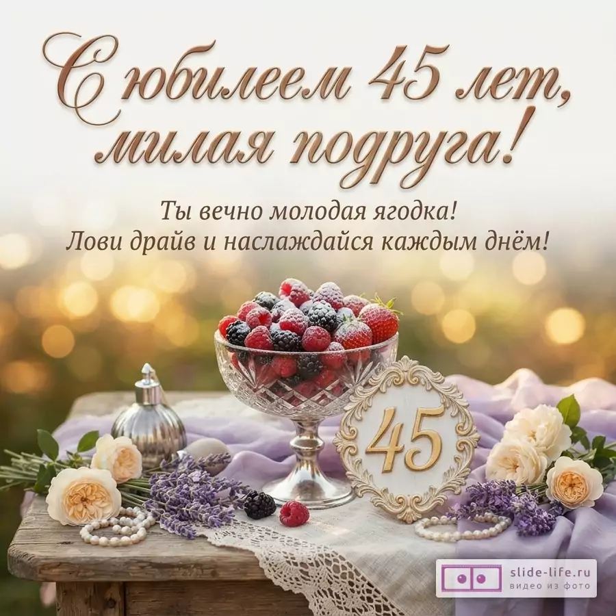 Фон размытый, светлый. В центре столик с вазой ягод, цветов и бусин. Надпись «С юбилеем 45 лет, милая подруга! Ты вечно молодая ягодка! Лови драйв и наслаждайся каждым днём!»
