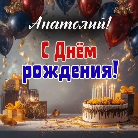 Анатолий, с Днём рождения! Современная открытка