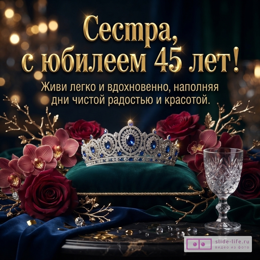 Темно-зеленый фон с золотыми бликами, золотая надпись «Сестра, с юбилеем 45 лет! Живи легко и вдохновенно, наполняя дни чистой радостью и красотой.», корона с синими и белыми камнями на зеленой подушке, красные розы, орхидеи, бокал, золотые веточки, блестки.