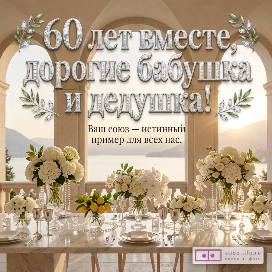 Интерьер светлой террасы с колоннами, шторами, видом на воду, белыми цветами и сервировкой, текст «60 лет 60 лет вместе, дорогие бабушка и дед! Ваш союз — истинный пример для всех нас.»