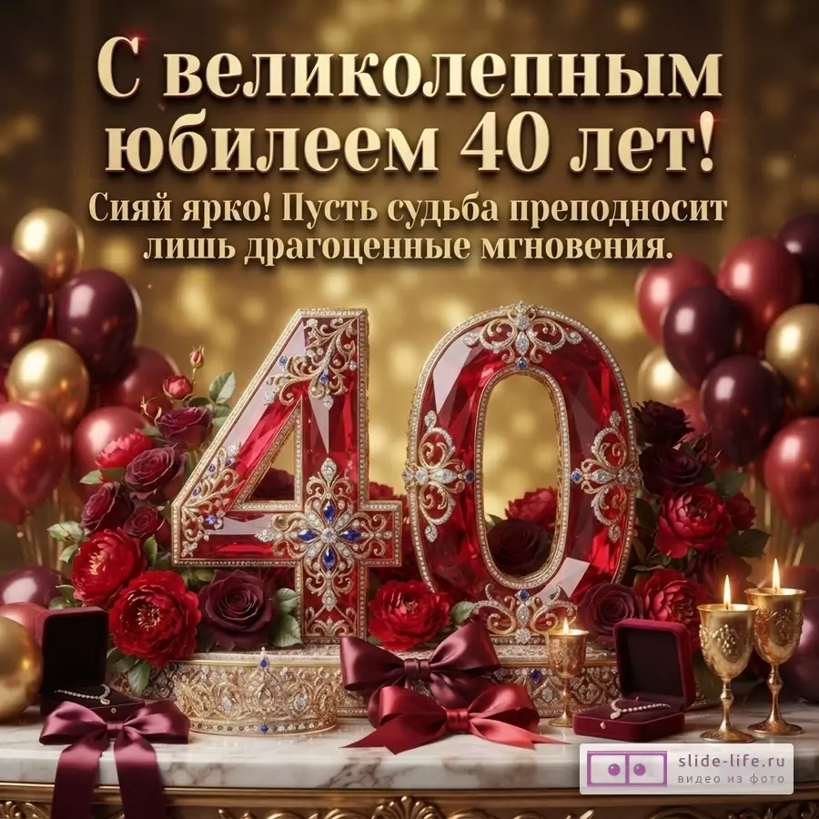 Открытка с золотым фоном, красными и золотыми шарами, красными розами. В центре крупные цифры «40» из красных камней с золотой инкрустацией. На переднем плане красные банты, шкатулки с украшениями, золотые кубки со свечами. Текст: «С великолепным юбилеем 40 лет! Сияй ярко! Пусть судьба преподносит лишь драгоценные мгновения.»