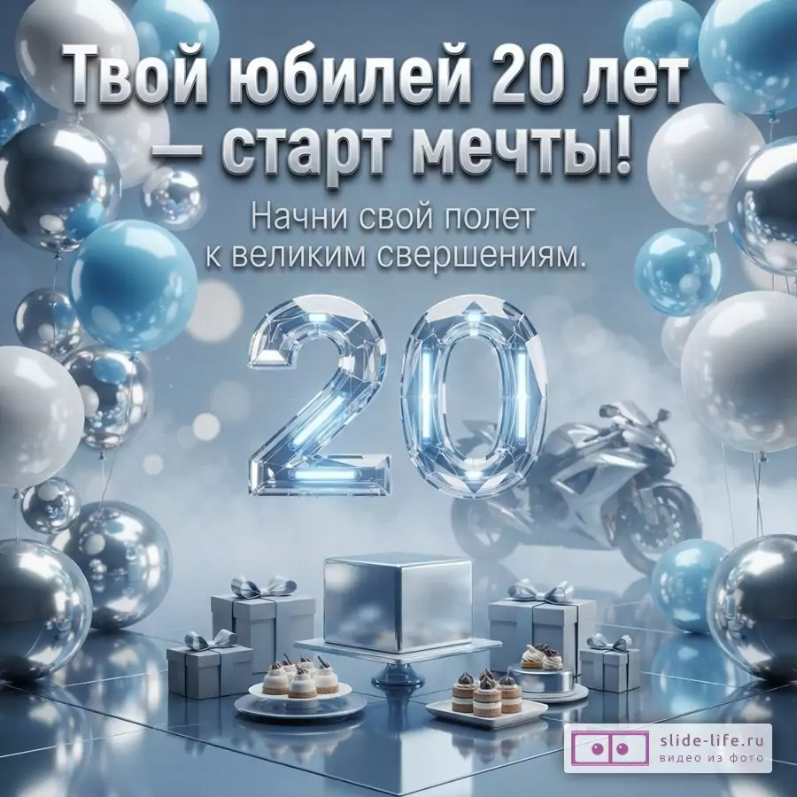 Объемная светящаяся цифра 20, мотоцикл, подарки и воздушные шары в голубых и серебристых тонах с надписью «Твой юбилей 20 лет — старт мечты! Начни свой полет к великим свершениям.»