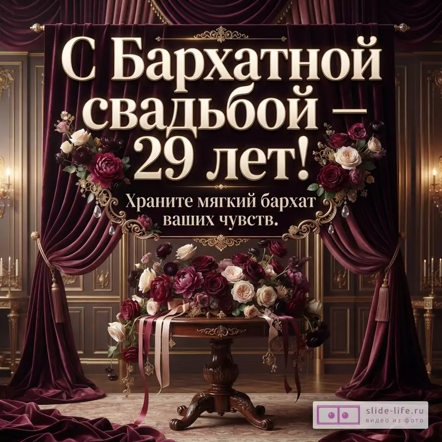 Темно-бордовый фон, бархатные шторы, цветочная композиция, крупный светлый текст «С Бархатной свадьбой — 29 лет! Храните мягкий бархат ваших чувств.»