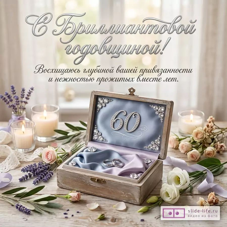 Открытка с текстом «С Бриллиантовой годовщиной! Восхищаюсь глубиной вашей привязанности и нежностью прожитых вместе лет.», деревянная шкатулка с кольцами, число 60, свечи, розы, лаванда, светлый фон