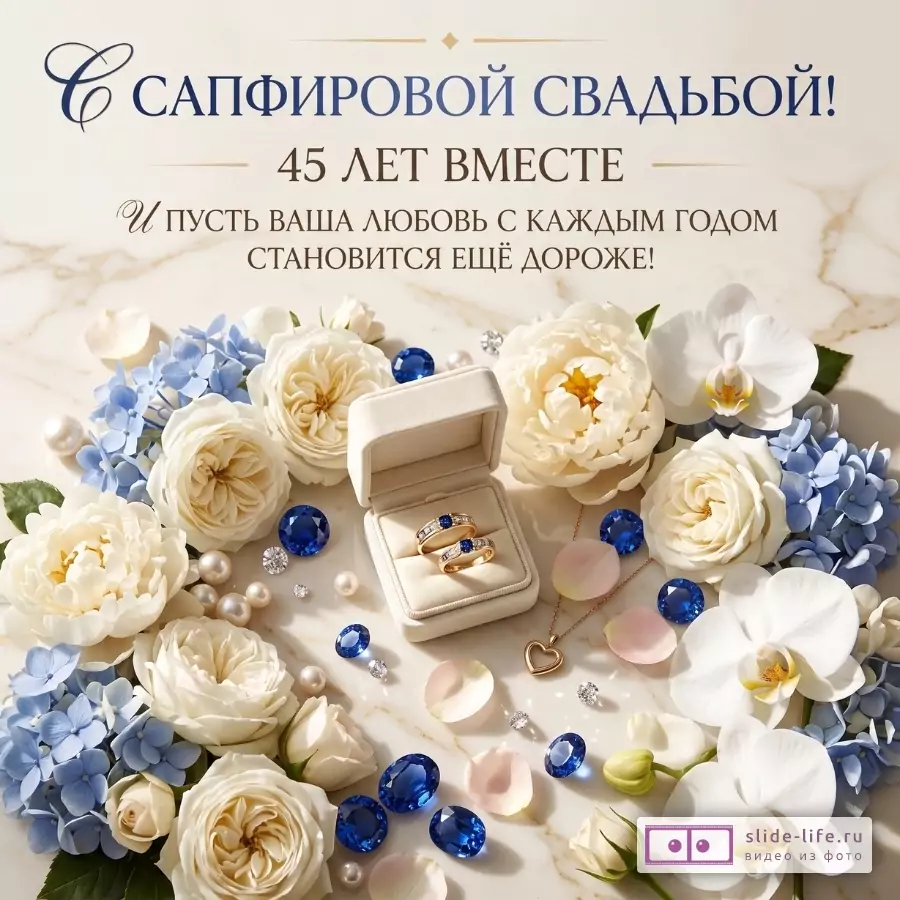 Бежево-кремовый мраморный фон, белые и голубые цветы, сапфировые камни, коробочка с кольцами, подвеска-сердце. Текст: «С САПФИРОВОЙ СВАДЬБОЙ! 45 ЛЕТ ВМЕСТЕ И пусть ваша любовь с каждым годом становится ещё дороже!»