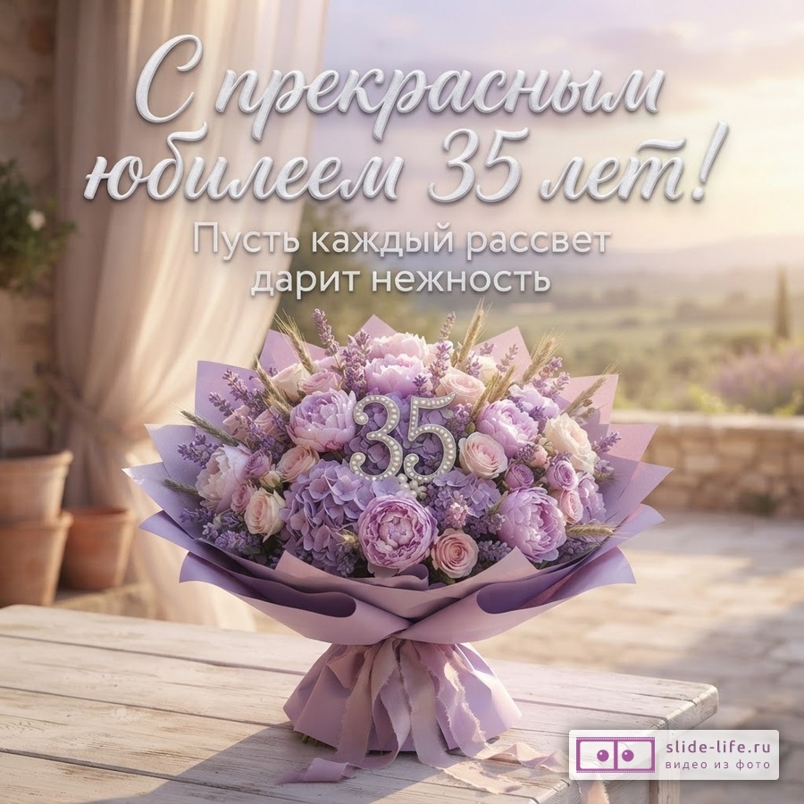 Букет сиреневых роз и пионов на столе террасы с числом 35 и надписью «С прекрасным юбилеем 35 лет! Пусть каждый рассвет дарит нежность».