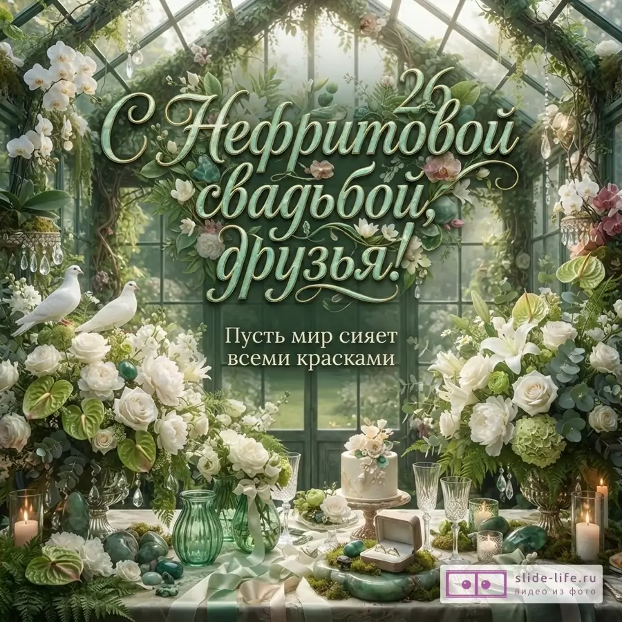 Зеленый фон оранжереи с цветами, птицами, сервированным столом и надписью «С Нефритовой свадьбой, друзья! Пусть мир сияет всеми красками.»