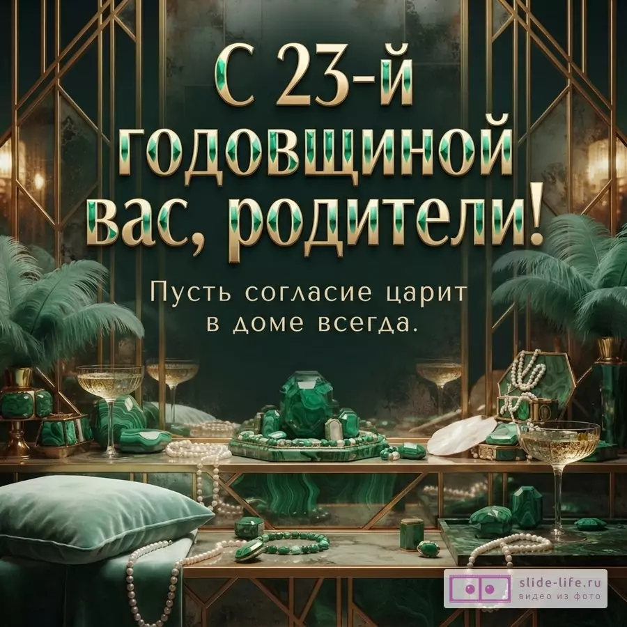 Темно-зеленый фон с золотым декором, изумрудными камнями, бокалами и жемчугом, текст «С 23-й годовщиной вас, родители! Пусть согласие царит в доме всегда.»