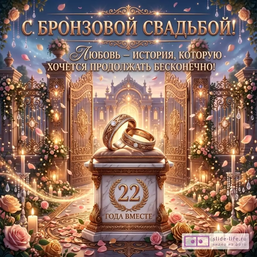 Тёплый сине-золотой фон, брачные ворота, свечи, розы, кольца на подушке, надписи «С БРОНЗОВОЙ СВАДЬБОЙ!», «Любовь – история, которую хочется продолжать бесконечно!», «22 ГОДА ВМЕСТЕ»