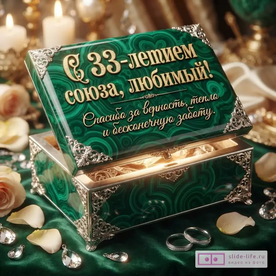 Открытая шкатулка из малахита с серебряной отделкой на зеленом бархате, вокруг лепестки роз, свечи, кольца и кристаллы. На крышке шкатулки текст: «С 33-летием союза, любимый! Спасибо за верность, тепло и бесконечную заботу.»