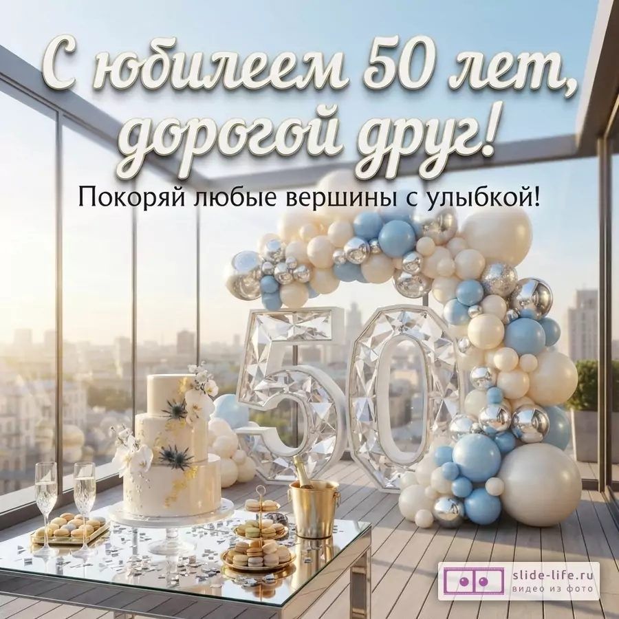 Яркая открытка другу на 50 лет с пожеланием покорять вершины