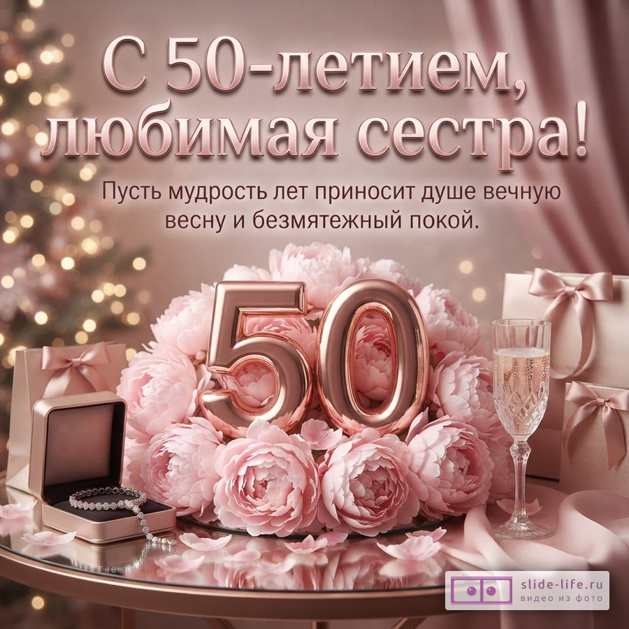 Открытка с розовым фоном, золотистыми буквами и цифрами 50. На переднем плане букет розовых пионов, бокал шампанского, подарочные коробки и браслет. Текст: «С 50-летием, любимая сестра! Пусть мудрость лет приносит душе вечную весну и безмятежный покой.»