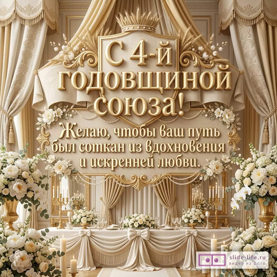 Бежево-золотая открытка с роскошным залом, драпировками, цветами и свечами, текст «С 4-й годовщиной союза! Желаю, чтобы ваш путь был соткан из вдохновения и искренней любви.»