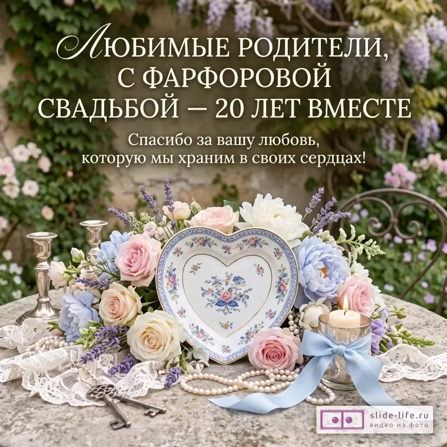 Бежево-зеленый фон с сиренью и цветами, стол с кружевом, свечой, жемчугом, ключами, букетом и фарфоровым сердцем. Текст: «Любимые родители, с фарфоровой свадьбой — 20 лет вместе Спасибо за вашу любовь, которую мы храним в своих сердцах!»