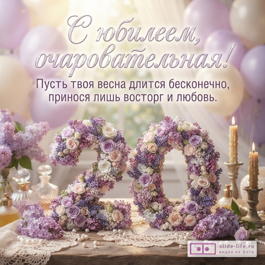 Цифра 20 из сиреневых и белых цветов на столе со свечами, шарами и текстом «С юбилеем, очаровательная! Пусть твоя весна длится бесконечно, принося лишь восторг и любовь.»