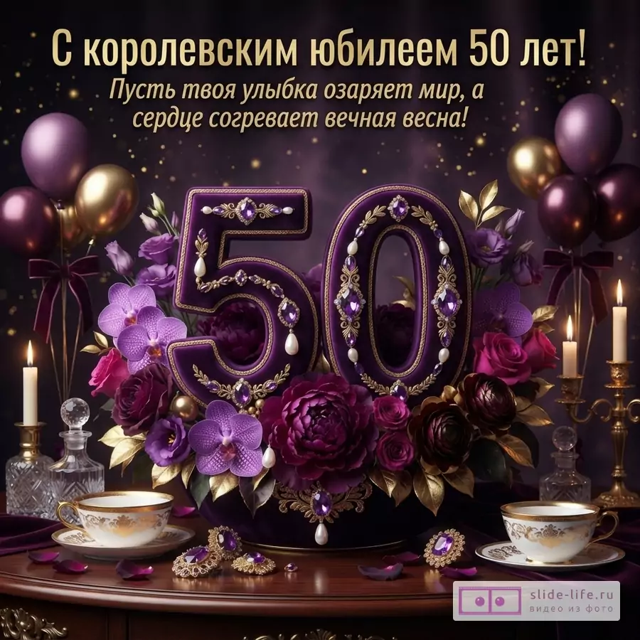Темный фон, золотые буквы, фиолетовые шары, фиолетовые цветы, свечи, чашки. Текст: «С королевским юбилеем 50 лет! Пусть твоя улыбка озаряет мир, а сердце согревает вечная весна!»