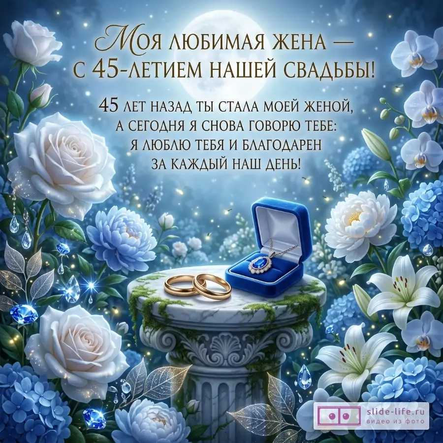 Сине-голубой фон с луной, белыми розами и цветами; на мраморном пьедестале кольца и синяя шкатулка с кулоном. Текст: «Моя любимая жена — с 45-летием нашей свадьбы!»