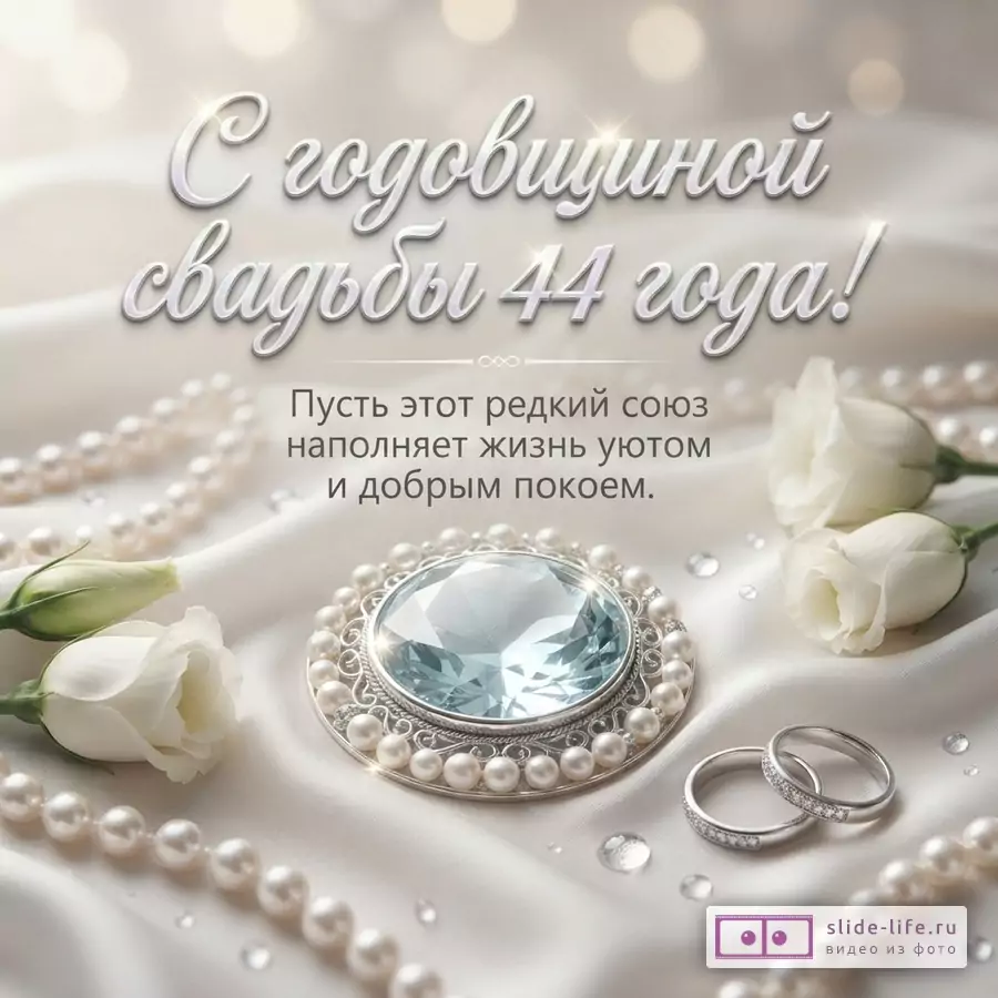 Бежевый фон, жемчуг, белые розы, брошь с голубым камнем, обручальные кольца. Текст: «С годовщиной свадьбы 44 года! Пусть этот редкий союз наполняет жизнь уютом и добрым покоем.»