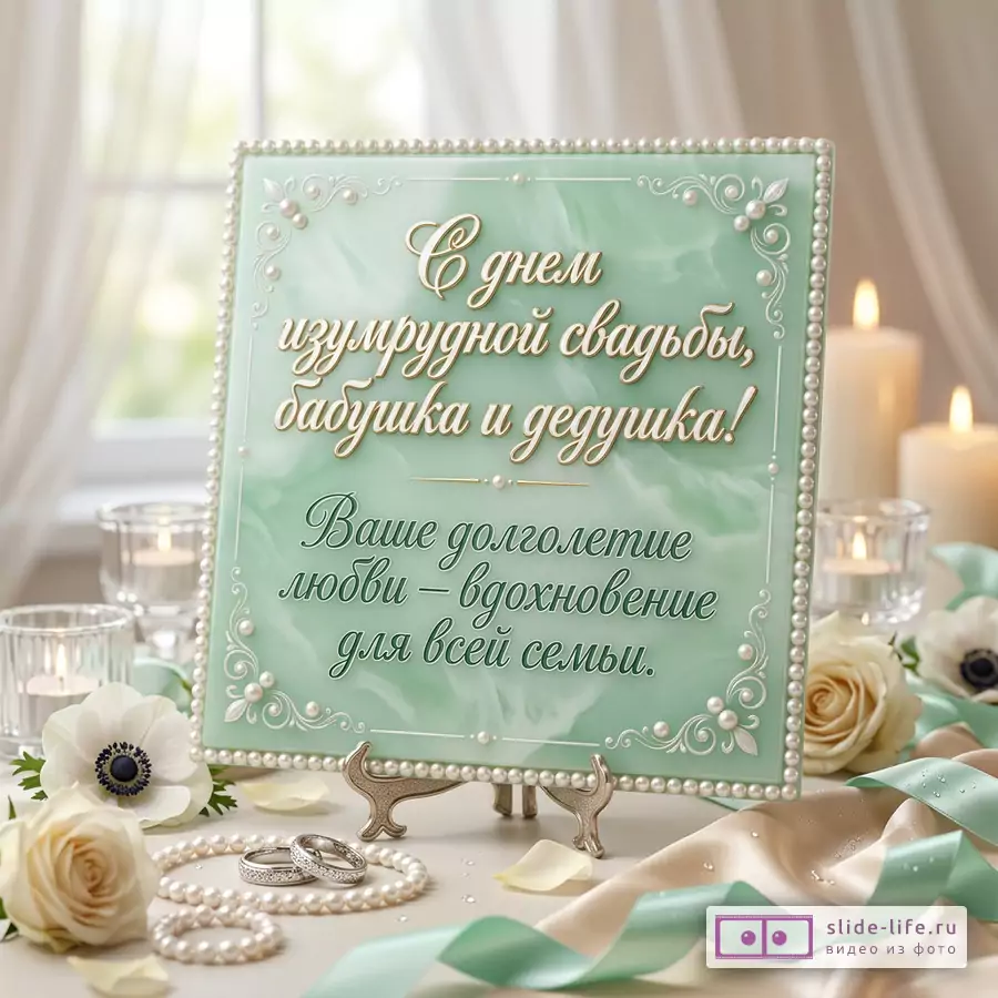Круглая открытка-табличка мятно-зеленого цвета с жемчужной окантовкой, белыми узорами, свечами, белыми розами, кольцами и бусами, текст «С изумрудной свадьбой, бабушка и дедушка! Ваше долголетие в любви — вдохновение для всей семьи.»