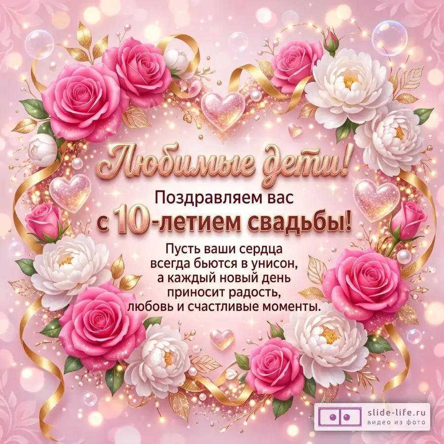 С Розовой Свадьбой, дорогие дети! Душевные пожелания от родителей на 10 годовщину свадьбы