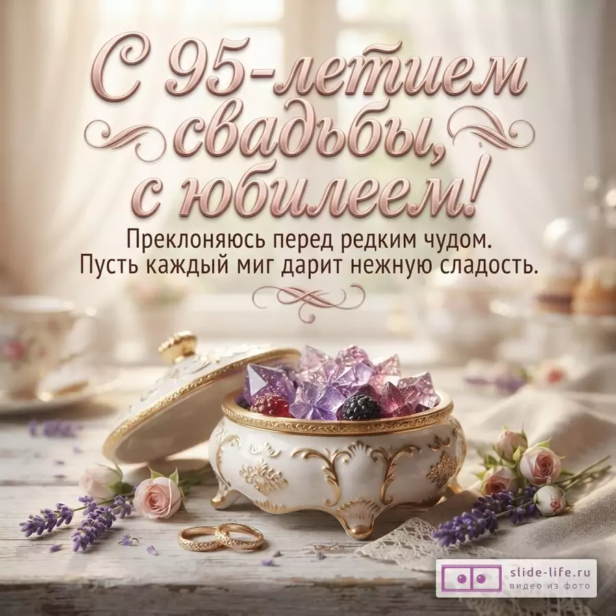 Фарфоровая шкатулка с фигурным мармеладом, золотые кольца, лаванда и розы на светлом столе с текстом «С 95-летием свадьбы, с юбилеем! Преклоняюсь перед редким чудом. Пусть каждый миг дарит нежную сладость.»
