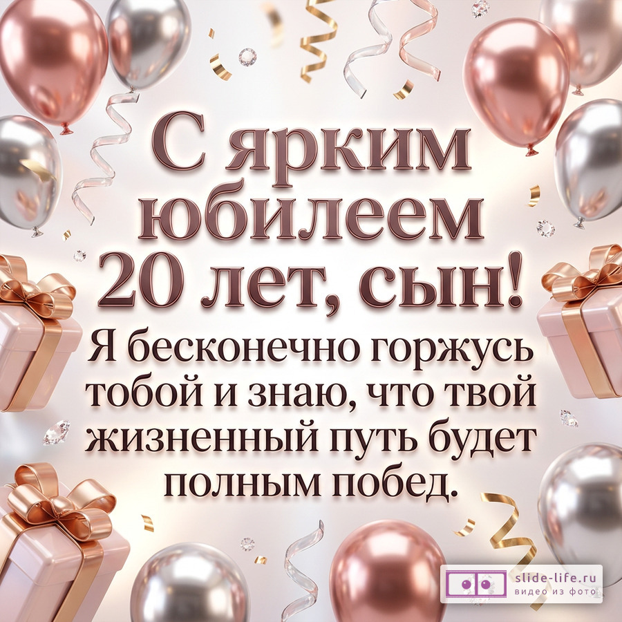 Белый фон, розово-золотые и серебристые воздушные шары, подарочные коробки с бантами, золотые и серебряные ленты, текст «С ярким юбилеем 20 лет, сын! Я бесконечно горжусь тобой и знаю, что твой жизненный путь будет полным побед.»