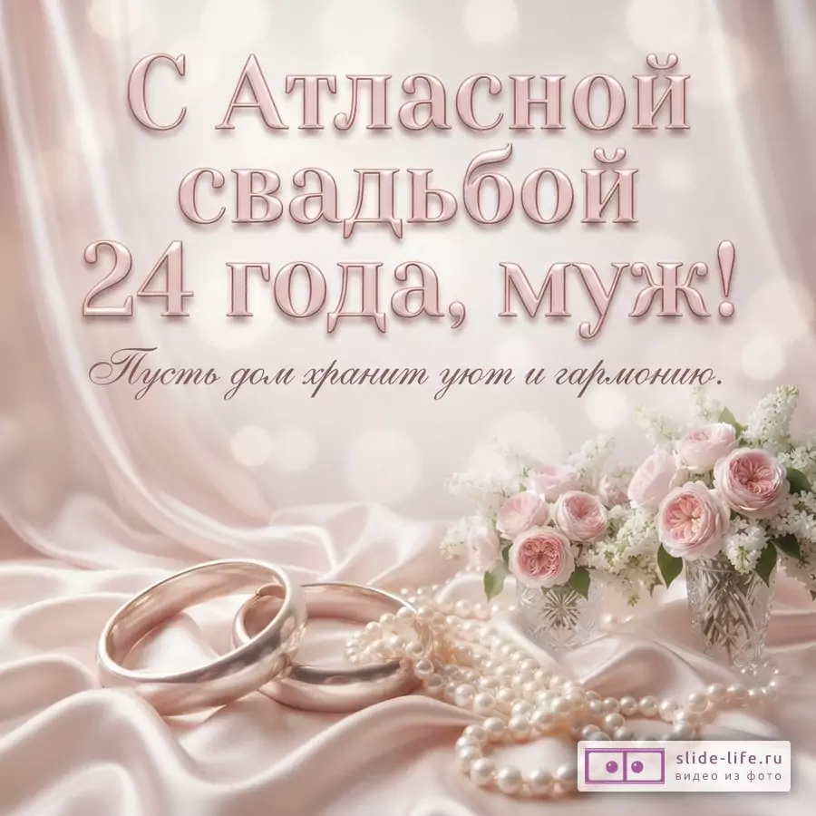 Розовые розы и белая сирень в хрустальных вазах на фоне драпированного атласа с жемчугом и надписью «С Атласной свадьбой 24 года, муж! Пусть дом хранит уют и гармонию.»