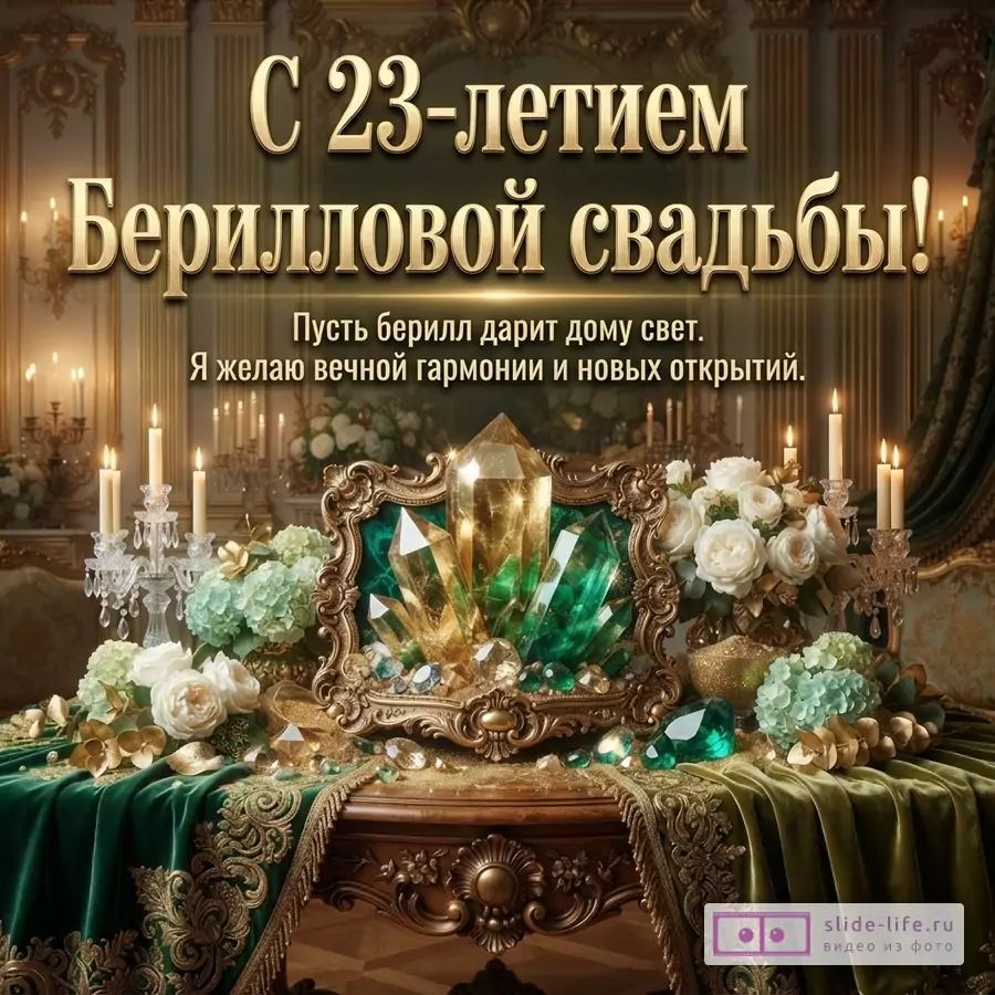 Кристаллы берилла в резной золотой раме на столе со свечами и цветами, надпись «С 23-летием Берилловой свадьбы! Пусть берилл дарит дому свет. Я желаю вечной гармонии и новых открытий.»