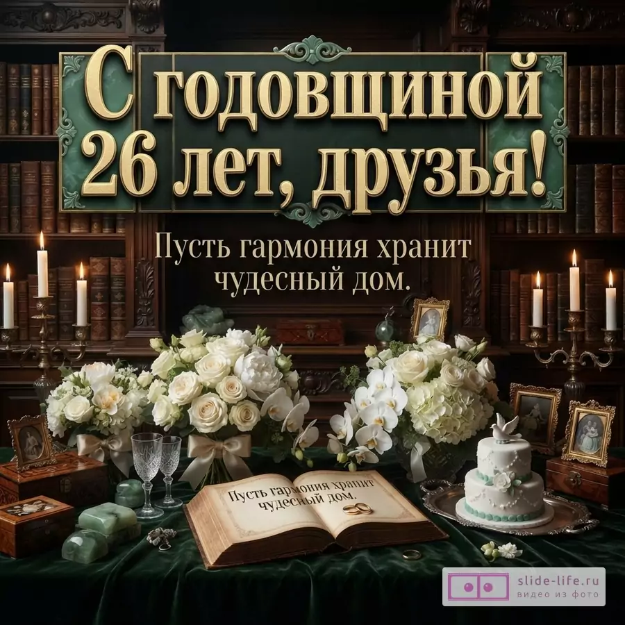 Тёмно-зелёный фон, золотая надпись «С годовщиной 26 лет, друзья!», ниже текст «Пусть гармония хранит чудесный дом.», цветы, свечи, книга, торт.
